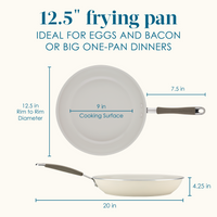 Image of a 12.5" frying pan with detailed measurements and usage suggestions.