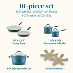 Blue cookware set with pans, saucepans, stockpot, and pan protectors.