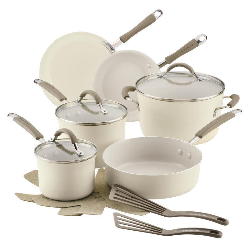 13-Piece Ceramic Nonstick Cookware Set with pots, pans, lids, and utensils.