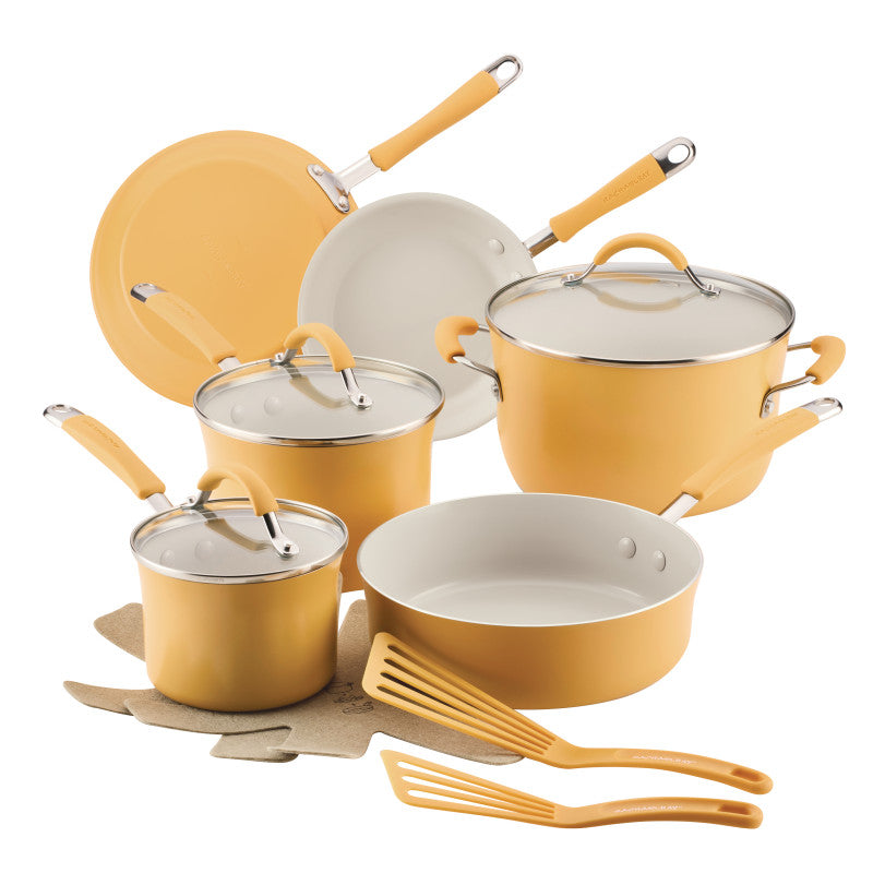 13-Piece Ceramic Nonstick Cookware Set with pans, lids, and utensils.