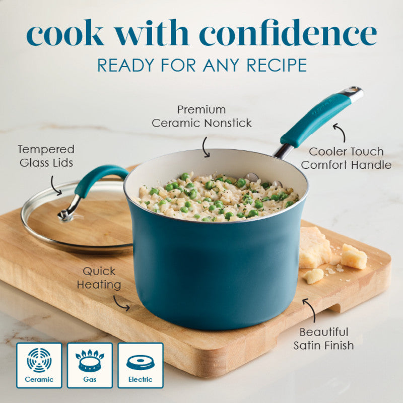 A blue 8-Piece Ceramic Nonstick Cookware Set with food on a cutting board.