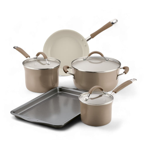 8-Piece Ceramic Nonstick Cookware Set in beige, includes pans, lids, and tray.