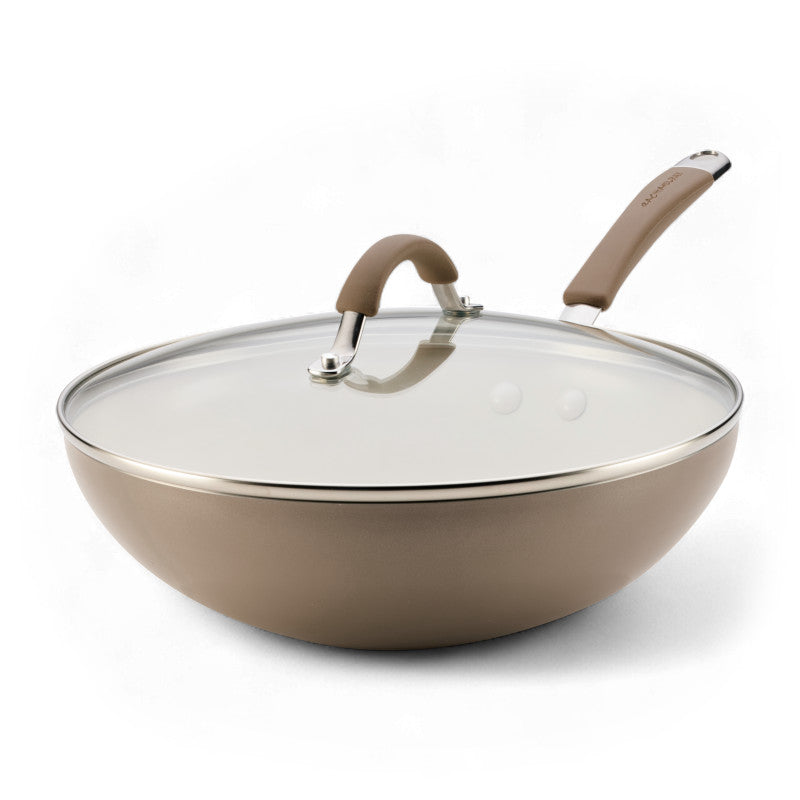 Ceramic Nonstick Stir Fry Pan with glass lid and ergonomic handle, beige.