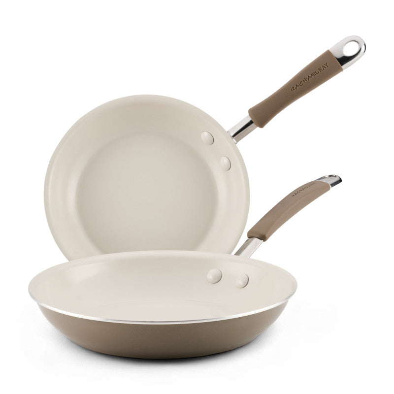 Two 2-Piece Ceramic Nonstick Skillet Set pans with matching handles, stacked.