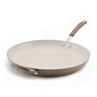 Ceramic Nonstick Frying Pan in beige with two handles on white background.