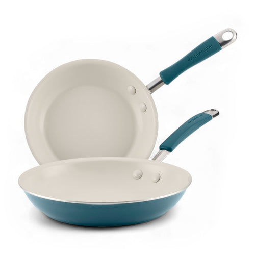 2-Piece Ceramic Nonstick Skillet Set with teal handles by Rachael Ray.