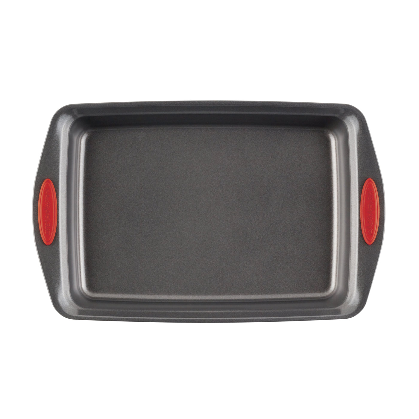 Rectangular baking pan with red silicone grips on the handles.