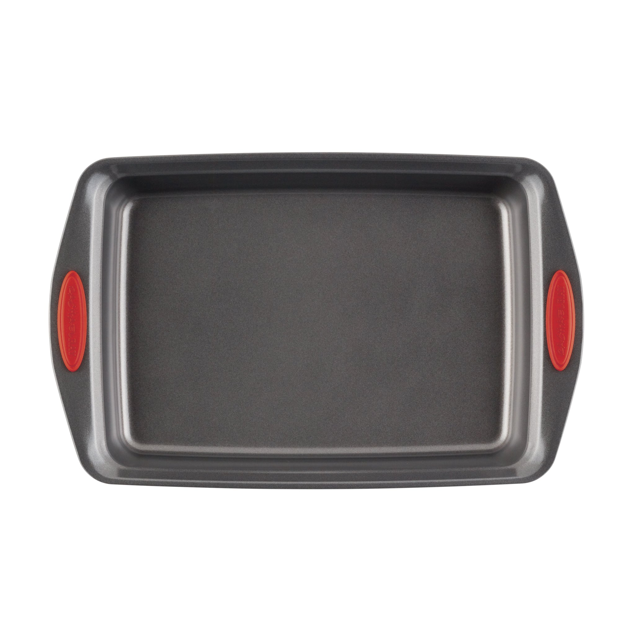 Rectangular baking pan with red silicone grips on the handles.