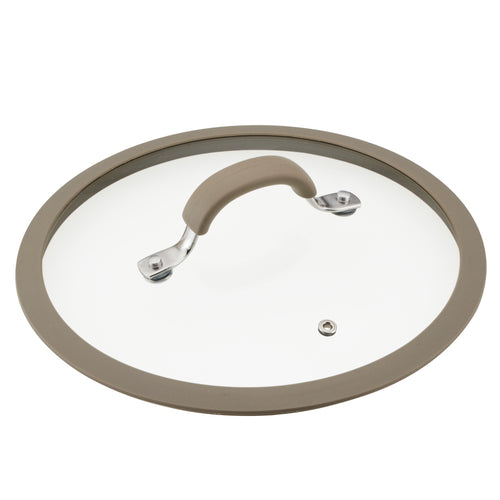 10-Inch Silicone-Rimmed Lid featuring a beige handle and a shatter-resistant, metal edge.