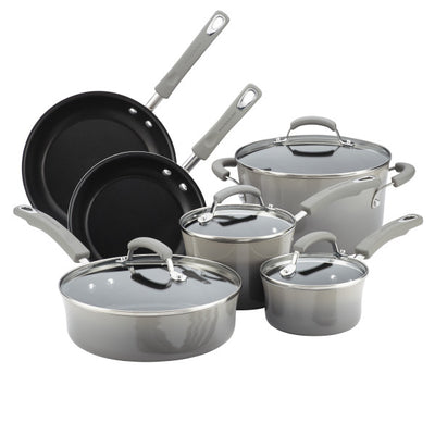 Gray nonstick cookware set with four pots, two pans, and lids.