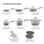 Cookware set with fry pans, saucepans, stockpot, turner, spoonula, and cake pans.
