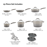Cookware set with fry pans, saucepans, stockpot, turner, spoonula, and cake pans.