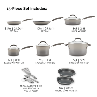 Cookware set with fry pans, saucepans, stockpot, turner, spoonula, and cake pans.