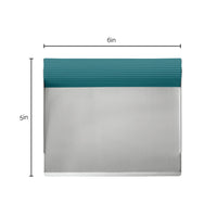 The bench scrape, part of the Nonstick Baking Sheet and Bench Scrape Set, features a green grip and measures 6 inches wide by 5 inches tall, making it ideal for use with your nonstick bakeware.