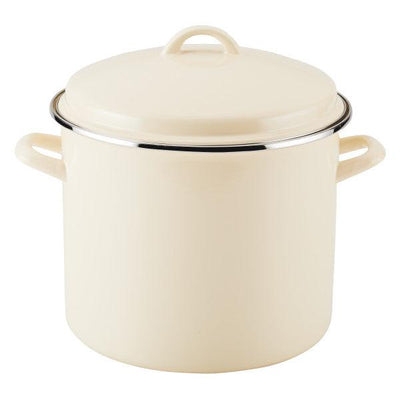 Cream-colored cooking pot with a lid and side handles.