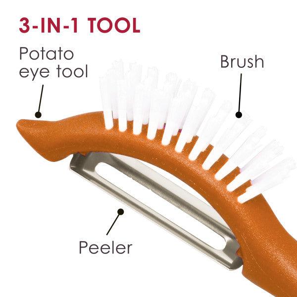 Introducing the Veg-A-Peel 3-in-1 Tool: a versatile kitchen essential that combines a vegetable peeler, brush, and potato eye tool. Designed for convenience, it's dishwasher safe for easy cleaning.
