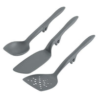 Explore the adaptable and long-lasting 3-Piece Lazy Spoon and Turner Set, crafted from nylon for use with nonstick pots and pans. This set features a spoon, spatula, and slotted turner in an elegant gray tone to enhance any kitchen decor.
