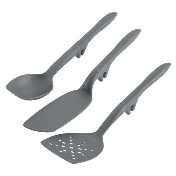 Explore the adaptable and long-lasting 3-Piece Lazy Spoon and Turner Set, crafted from nylon for use with nonstick pots and pans. This set features a spoon, spatula, and slotted turner in an elegant gray tone to enhance any kitchen decor.