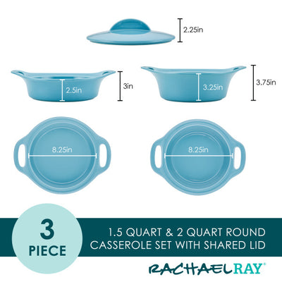 Three-piece blue casserole set with shared lid and dimensions labeled.