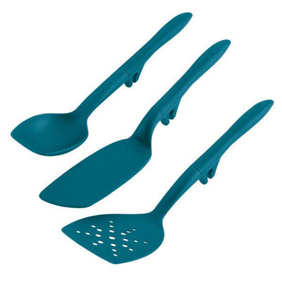 Three teal kitchen utensils: spoon, spatula, and slotted spatula.