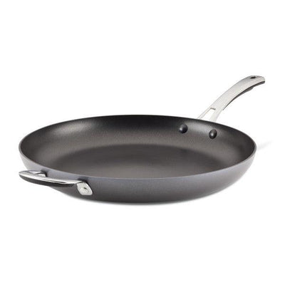 Black non-stick frying pan with a stainless steel handle.