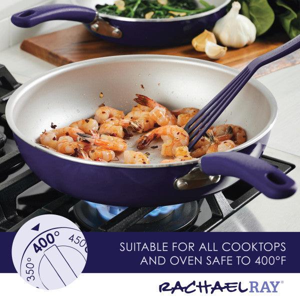 Purple 13-piece nonstick cookware set; oven safe to 400°F and durable.
