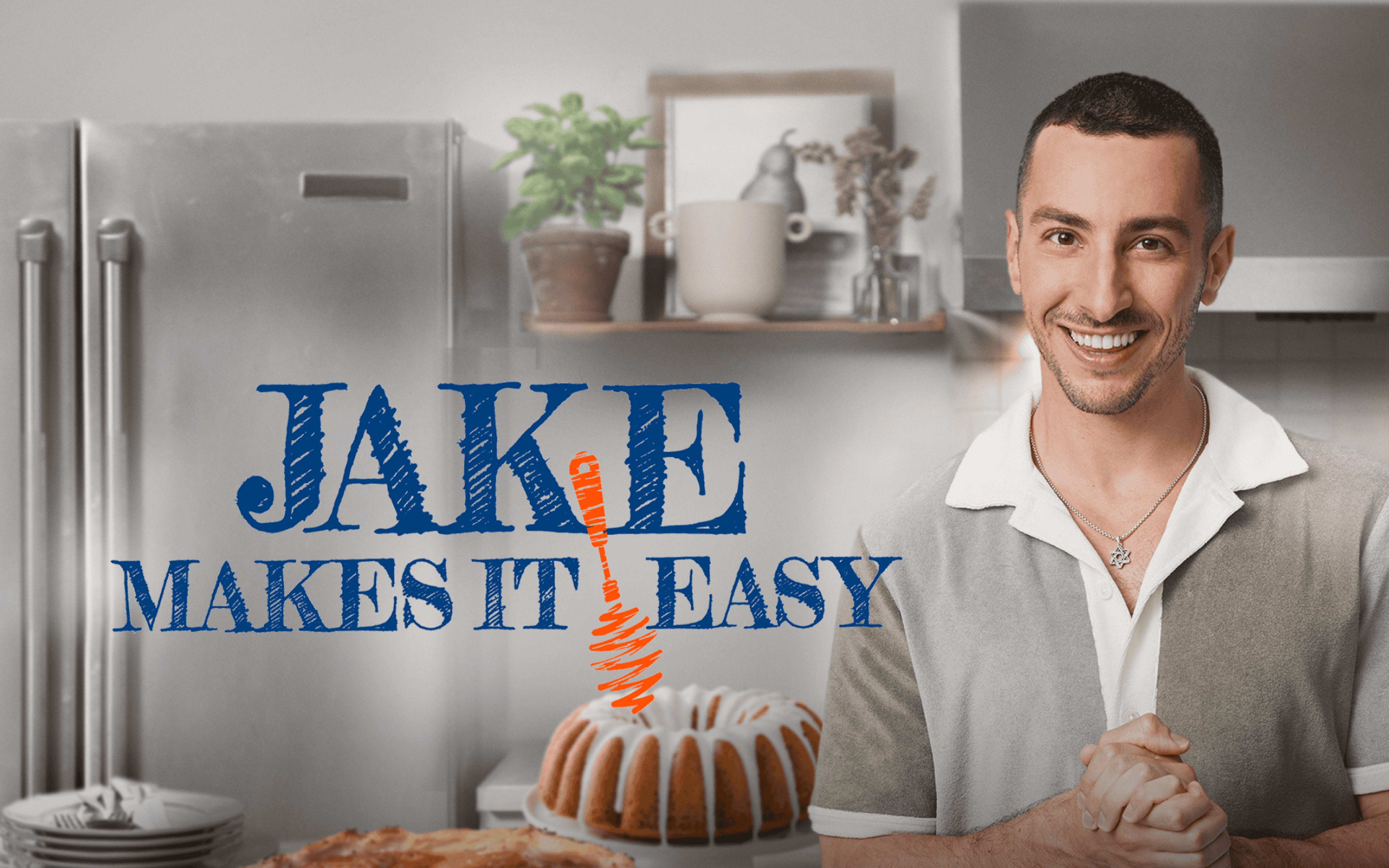 Man smiling in a kitchen next to a bundt cake. Text reads "Jake Makes It Easy.