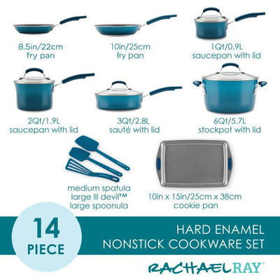 Cookware set with pans, pots, utensils, and a baking tray, labeled details.