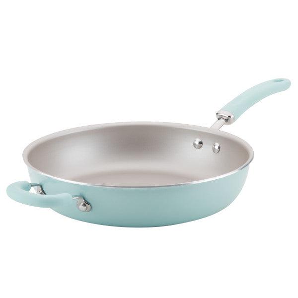 Light blue Nonstick Induction Deep Frying Pan, oven safe with matching handle.