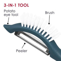 Introducing the Veg-A-Peel 3-in-1 Tool, the ultimate kitchen accessory that includes a vegetable peeler, brush, and potato eye remover. This innovative gadget is designed to save you time and is dishwasher safe for hassle-free cleaning.
