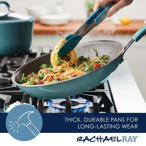 Using the Cook + Create Nonstick Frying Pan on a gas stove ensures even heat distribution and effortless cleanup when cooking pasta and vegetables.