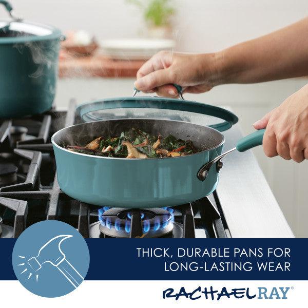 A person is using the 3-Quart Cook + Create Nonstick Sauté Pan with Lid to sauté vegetables on a stove, taking advantage of its durable construction and scratch-resistant, nonstick cooking surface.