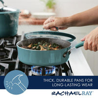 A person is using the 3-Quart Cook + Create Nonstick Sauté Pan with Lid to sauté vegetables on a stove, taking advantage of its durable construction and scratch-resistant, nonstick cooking surface.