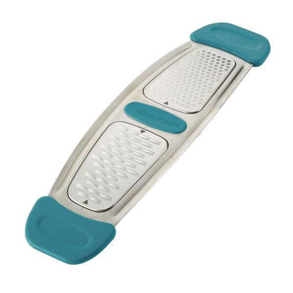 Metal grater with teal rubber handles on both ends.