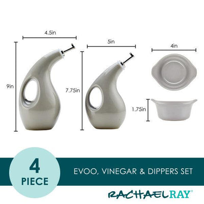 EVOO, vinegar, and dippers set with dimensions shown.