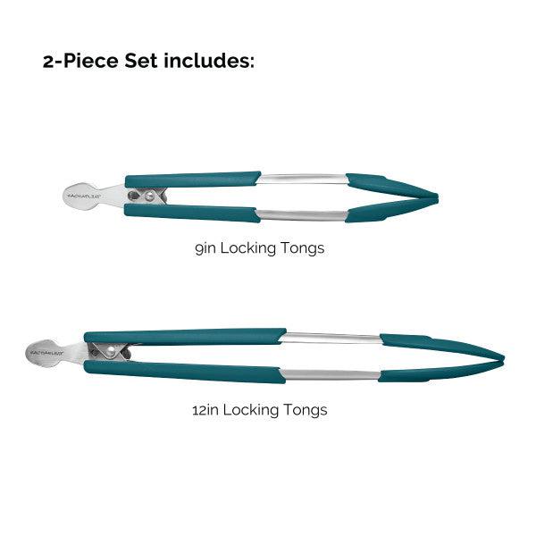 Introducing the 2-Piece Locking Tong Set, featuring 9-inch and 12-inch teal kitchen tongs crafted with durable stainless steel. The silicone function heads provide a secure grip on food while enhancing your culinary essentials with style.