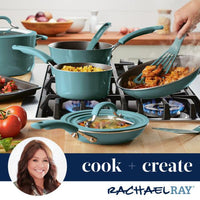 A woman smiles in the corner as a vibrant teal cookware set, including the renowned Cook + Create Nonstick Wok known for its scratch resistance and nonstick surface, graces the gas stove with delicious food.