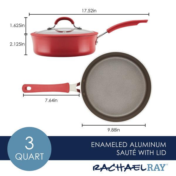 3-Quart Cook + Create Nonstick Sauté Pan with Lid is a red enameled aluminum pan featuring a nonstick cooking surface and detailed dimensions.