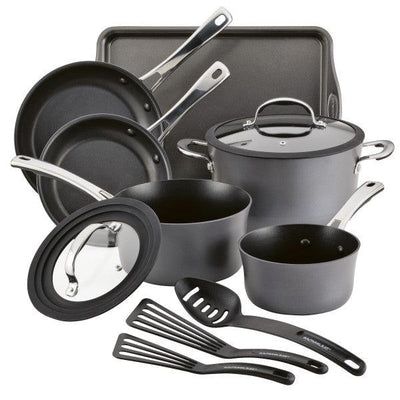 A 12-piece nonstick cookware set with pots, pans, lids, and utensils.