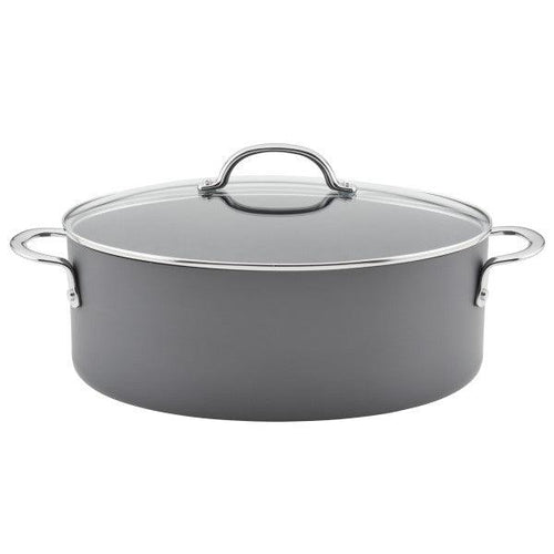 The 8-Quart Professional Nonstick Oval Hard Anodized Stockpot by Rachael Ray offers both style and functionality with its glass lid and side handles, making it a perfect addition to your kitchen.