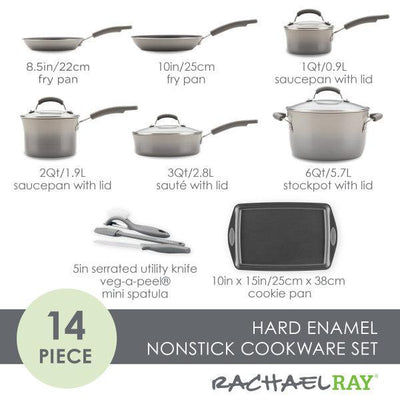 14-piece hard enamel nonstick cookware set with various pots and pans.