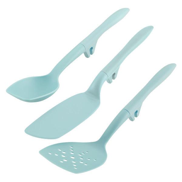 Explore the 3-Piece Lazy Spoon and Turner Set by Lazy Tools™, featuring a spoon, spatula, and slotted turner in an elegant light blue hue. Designed to be both versatile and durable, these essential utensils are perfect companions for your nonstick pots and pans.