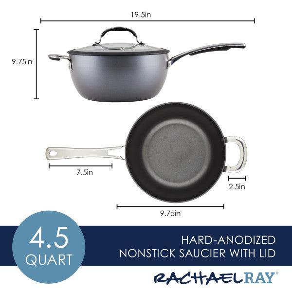 Illustration of the 4.5-Quart Cook + Create Hard Anodized Nonstick Saucier Pan with Lid and Helper Handle, showcasing its size and lid details. It features a triple-layer nonstick coating and is oven safe up to 400°F for easy cooking and hassle-free cleaning.