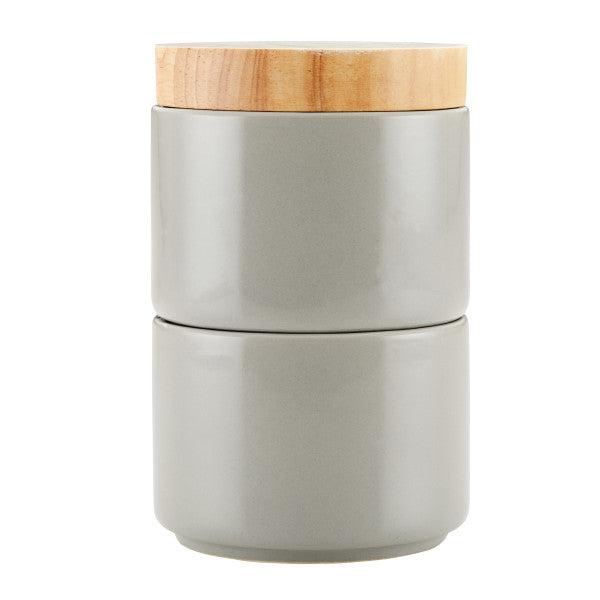 Gray ceramic container with a wooden lid.