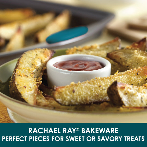 Potato wedges with dip in a dish; Rachael Ray bakeware promotion.