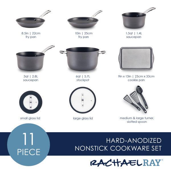 Explore the Cook + Create Hard Anodized Nonstick Cookware Set, featuring 11 pieces including pots, pans, and utensils. Elevate your culinary experience with tempered glass lids for convenient cooking visibility.