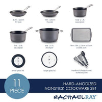 Explore the Cook + Create Hard Anodized Nonstick Cookware Set, featuring 11 pieces including pots, pans, and utensils. Elevate your culinary experience with tempered glass lids for convenient cooking visibility.