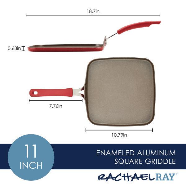Introducing the 11-Inch Cook + Create Nonstick Square Griddle Pan—a square aluminum griddle pan with a red handle, crafted from thicker gauge aluminum for improved stovetop performance. Size specifications provided.