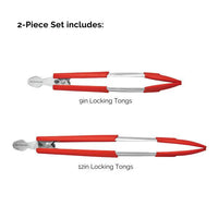 The 2-Piece Locking Tong Set features 9-inch and 12-inch tongs with red grips and sturdy stainless steel construction, ideal for any kitchen task.