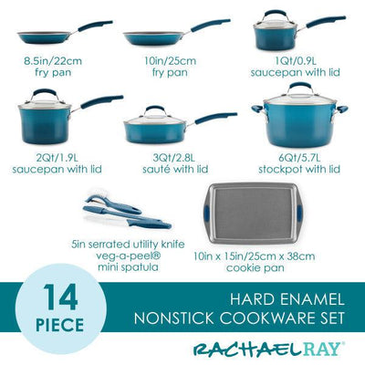 14-piece blue cookware set including pans, pots, and baking sheet.